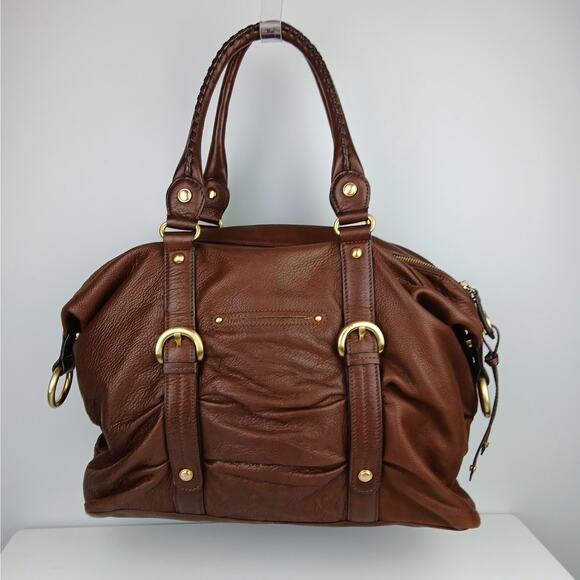 B Makowsky Large Buttery Brown Leather Double Top Handle Purse Gold Hardware - Picture 4 of 7